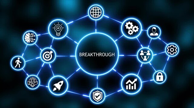  Futuristic Neon breakthrough HUD Concept with Connected Business and Technology Icons Abstract Background 4k