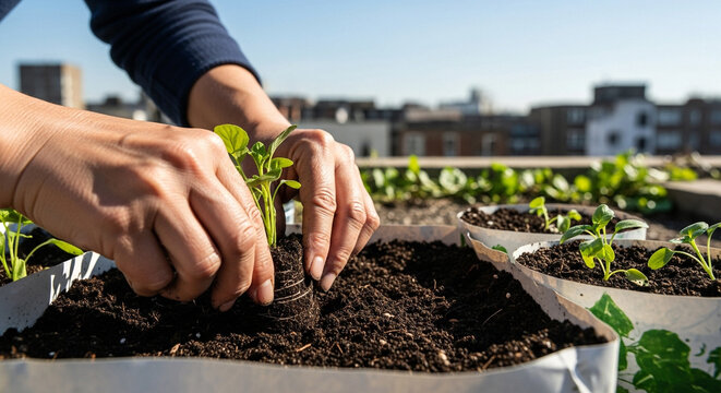 Hands planting young seedling in urban garden soil