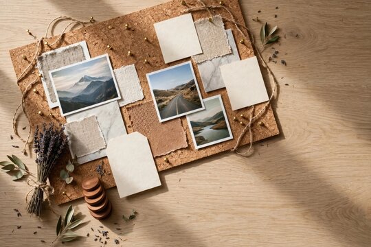 Nostalgic Flat Lay of Polaroid Photos and Memories on Rustic Wood