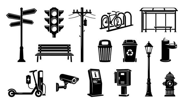 Black and White Glyph Icons: Urban Street Furniture and City Objects