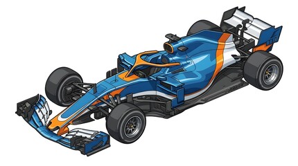 Fototapeta premium Isometric illustration of a modern blue and orange open-wheel formula race car