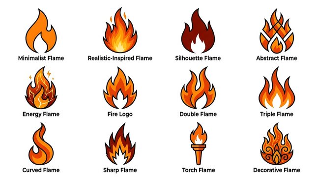 Set of twelve diverse fire flame icons and logo elements featuring various artistic styles including minimalist, realistic, abstract, and decorative designs.