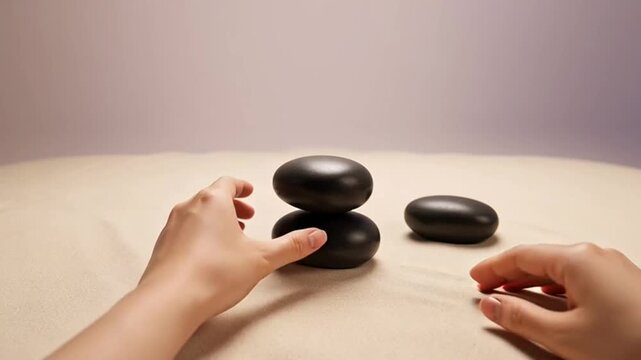 Hands stacking smooth black spa stones on a beige surface for relaxation.