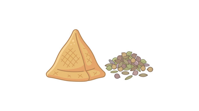 A hand drawn illustration of a crispy golden samosa next to a pile of mixed spices.