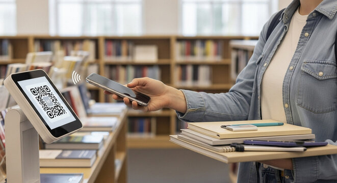 Person scanning QR code in library with smartphone