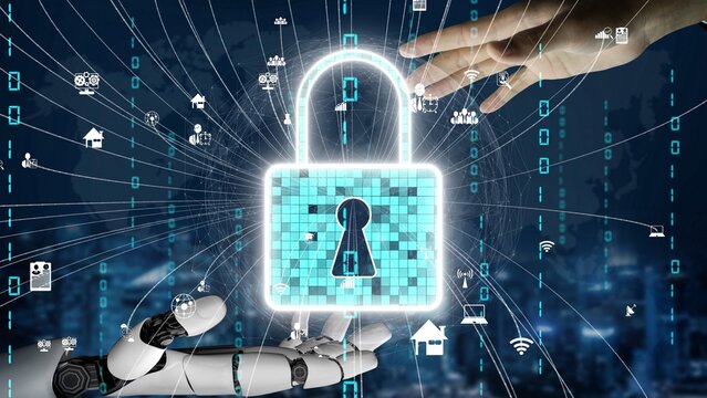 A blend of technology and security showcased with a robotic hand reaching for a glowing digital lock, representing the evolving landscape of cyber security and data protection. Xenic