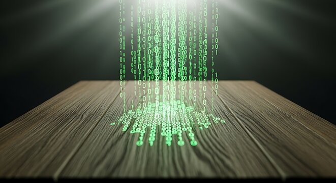 Futuristic Green Code Streams Over Wooden Table