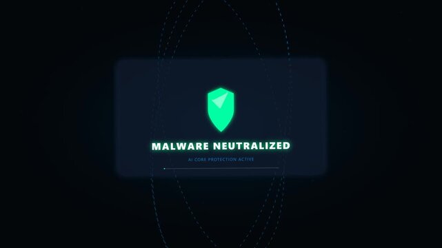 Digital Shield Icon with Malware Neutralized Text on Dark Background.
