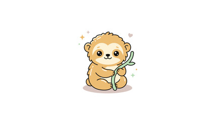 Fototapeta premium Happy sloth holding a green branch.