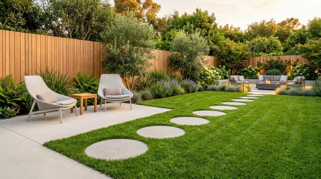 Stylish backyard featuring modern chairs, a concrete path, and vibrant green landscaping for appeal.