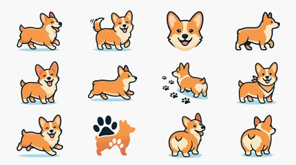 Fototapeta premium Set of 12 Pembroke Welsh Corgi vector illustrations featuring various poses: walking, running, sitting, wearing a bandana, butt view, headshot, and paw prints on a plain white background.