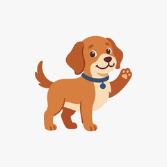 Cartoon illustration of a friendly brown puppy dog with a blue collar waving its paw. Cute canine mascot standing with a smiling face and wagging tail isolated on a white background.