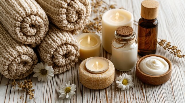 Beautiful spa treatment composition such as Towels, candles, essential oils, Massage Stones on light wooden background. blur living room, natural creams and moisturizing Healthy lifestyle, body care