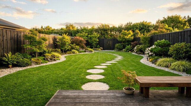 Serene backyard landscape featuring a curved path of stepping stones, lush grass, and diverse plants.