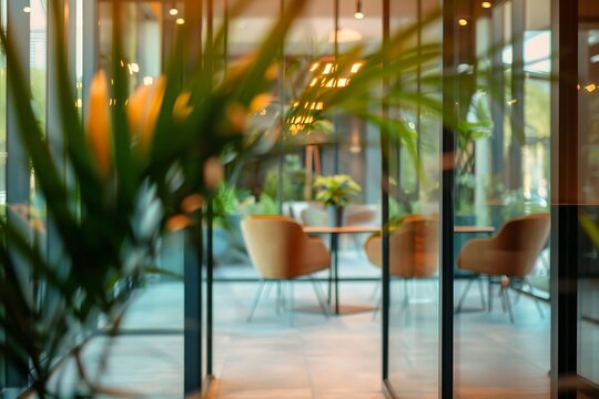 Blurred Green Foliage Framing a Modern Glass Partitioned Meeting Room