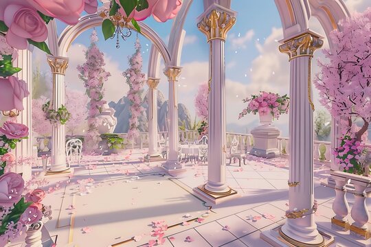 Grand Classical White Marble Gazebo Decorated with Pink Roses
