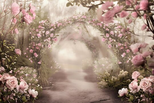 Mysterious Enchanted Forest Pathway Through a Pink Rose Archway