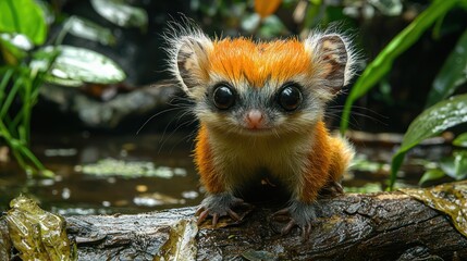 Obraz premium A small, wide-eyed creature with orange and brown fur sits on a wet log near water