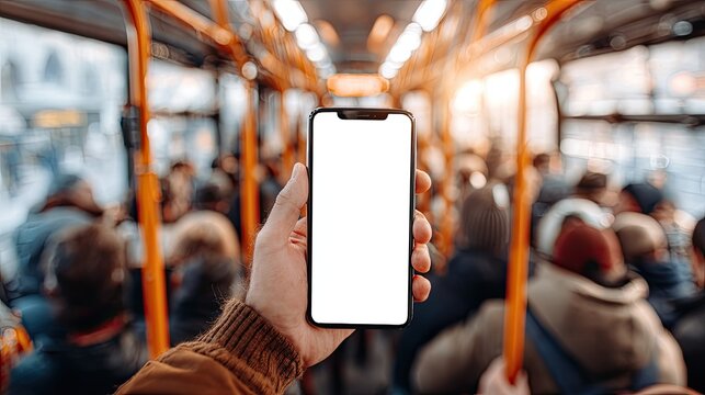 Smartphone held in hand, city bus interior