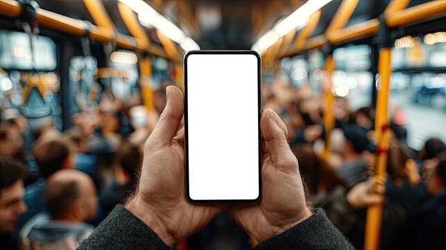 Smartphone held in hands, blurred bus interior