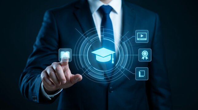 Businessman in a suit interacting with a glowing digital interface displaying educational icons such as a graduation cap book and diploma online learning knowledge technology