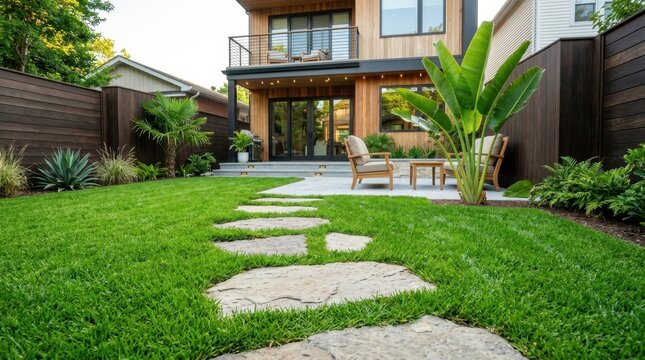 Beautifully manicured lawn with irregular stone stepping stones leading to contemporary backyard patio with lounge seating.