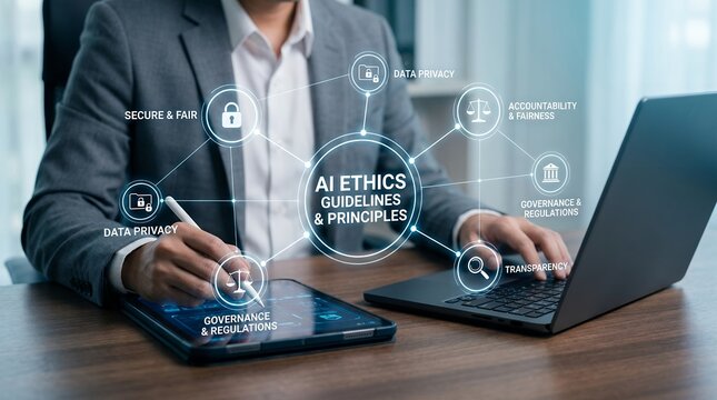 A person in a suit interacts with a digital interface showcasing AI ethics guidelines and principles with icons for security data privacy governance and transparency artificial intelligence
