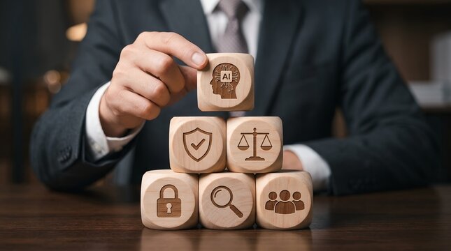 A person in a suit places a wooden block with an AI head icon on top of a pyramid of blocks depicting security justice lock search and people icons artificial intelligence