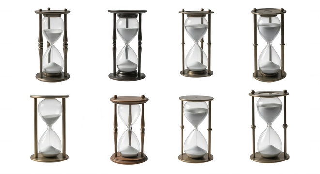 assortment of hourglasses with sand flowing isolated on white background for concept art and design projects