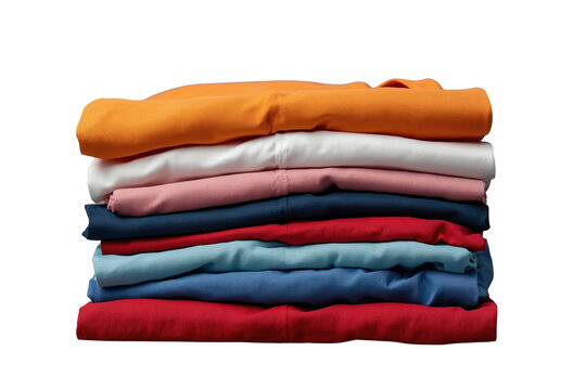 Wide stack of folded colorful garments in mixed tones