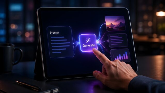 Finger touching generate button with magic wand icon on tablet screen creating artificial intelligence multimedia content