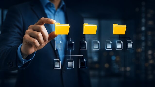 Businessman interacting with glowing digital folder hierarchy tree representing virtual data organization and document management system
