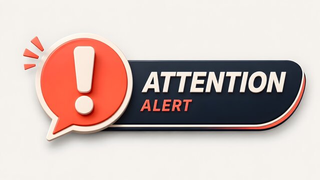 Attention alert warning sign with 3D red exclamation mark in speech bubble on dark label for urgent notification