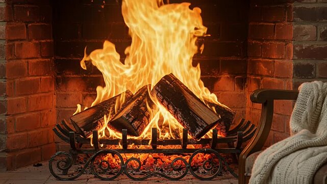 fireplace cozy fire in brick hearth warm ambience interior home stock video
