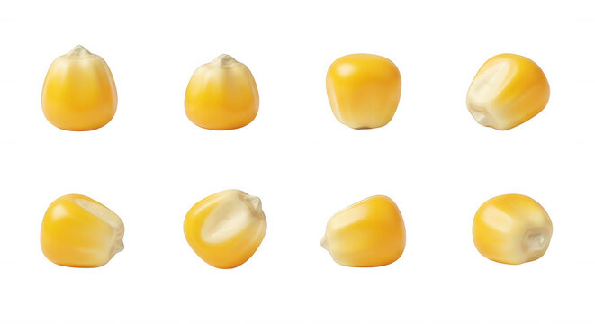 close-up of eight corn kernels isolated on white background texture and detail for use in food visuals