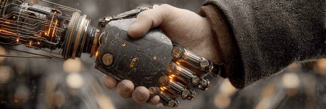 Close-up of human hand in suit shaking steampunk mechanical robotic hand with glowing orange circuit details on dark blurry bokeh background, AI technology themed ultrawide banner