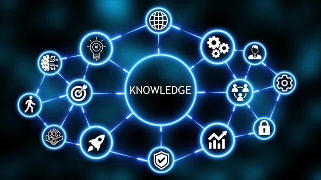  Futuristic Neon knowledge HUD Concept with Connected Business and Technology Icons Abstract Background 4k