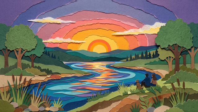 A layered paper craft landscape of a vibrant sunset over a winding river, mountains, and a couple relaxing with their dog on the lush bank.