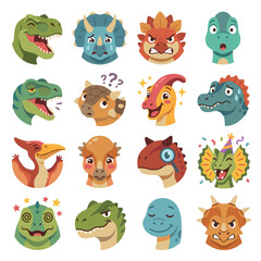 Fototapeta premium Cute cartoon dinosaur emotion vector set featuring various prehistoric dino species with expressive faces. Collection of funny dinosaur emoji avatars including T-Rex, Triceratops, Pterodactyl, and Ste