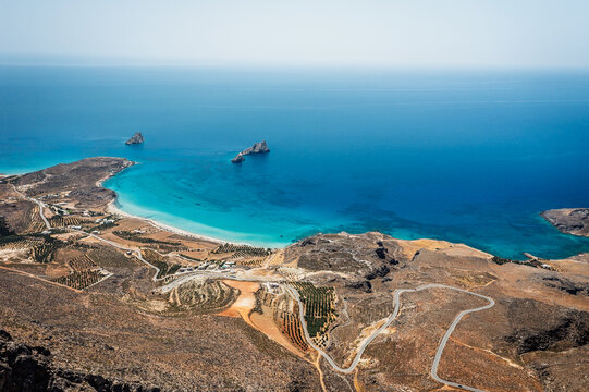 Xerokambos, Crete, aerial coastline with turquoise sea and rocky landscape