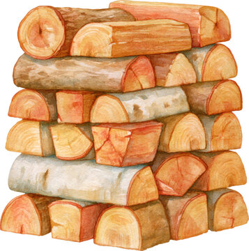 Neatly stacked pile of split rustic firewood logs isolated on transparent background.