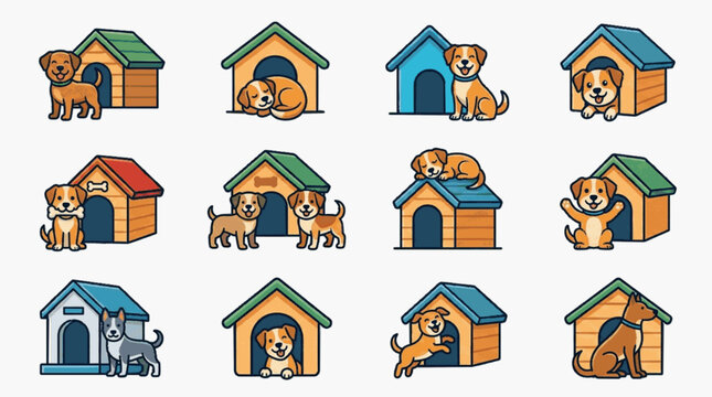 Cartoon dog and doghouse illustration set featuring various puppies in playful poses like sleeping and sitting, colorful wooden kennels vector graphics collection on white background.
