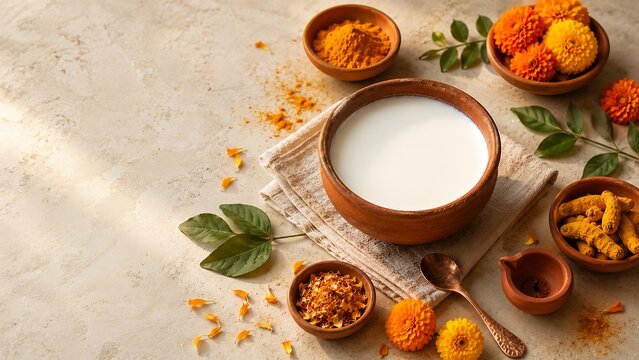 Fresh curd and turmeric powder setup with marigold flowers and clay pot for traditional indian herbal abhishekam ritual or wellness treatment