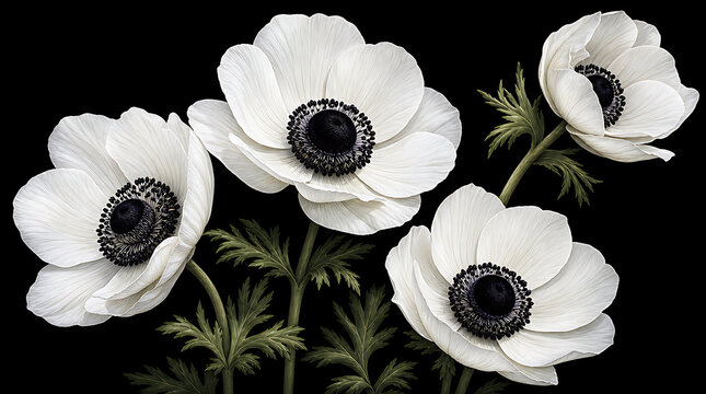 Four white anemone flowers with dark centers and green foliage on black background