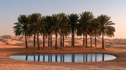 Fototapeta premium Vast warm beige sand desert stretching beyond a small oasis