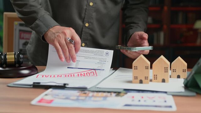 Lawyer reviews legal contract real estate purchase documents beside wooden house models desk office environment signing mortgage agreement property investment transaction examining paperwork buyer.