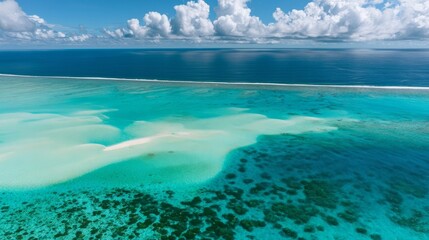 Fototapeta premium Dark coral patches below a brilliant aerial lagoon view