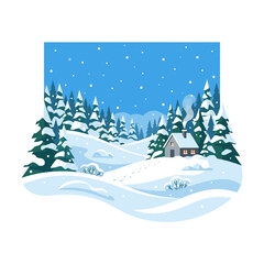 Naklejka premium Winter Forest Landscape with Cozy Cabin Illustration