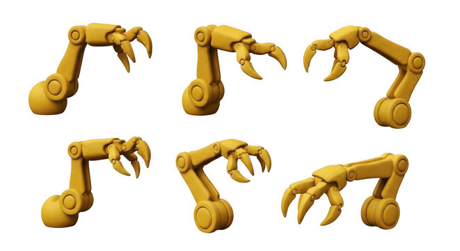 robot arms with claws in different positions set against a plain white backdrop industrial automation concepts or futuristic designs