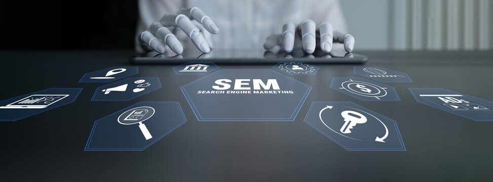 Digital Marketing Strategy Concept with SEM Icons on a Dark Desk, Emphasizing Search Engine Marketing Process and Techniques for Online Success. Glyphic.